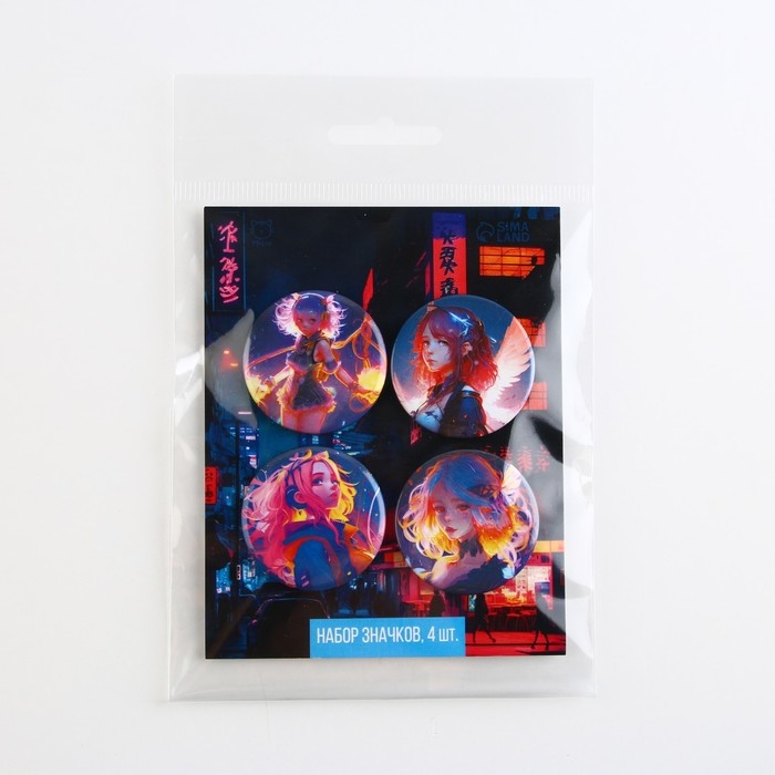 Значок металлический аниме , набор «Неон», d=38 мм, 4 шт. Значок металлический аниме , набор «Неон», d=38 мм, 4 шт.