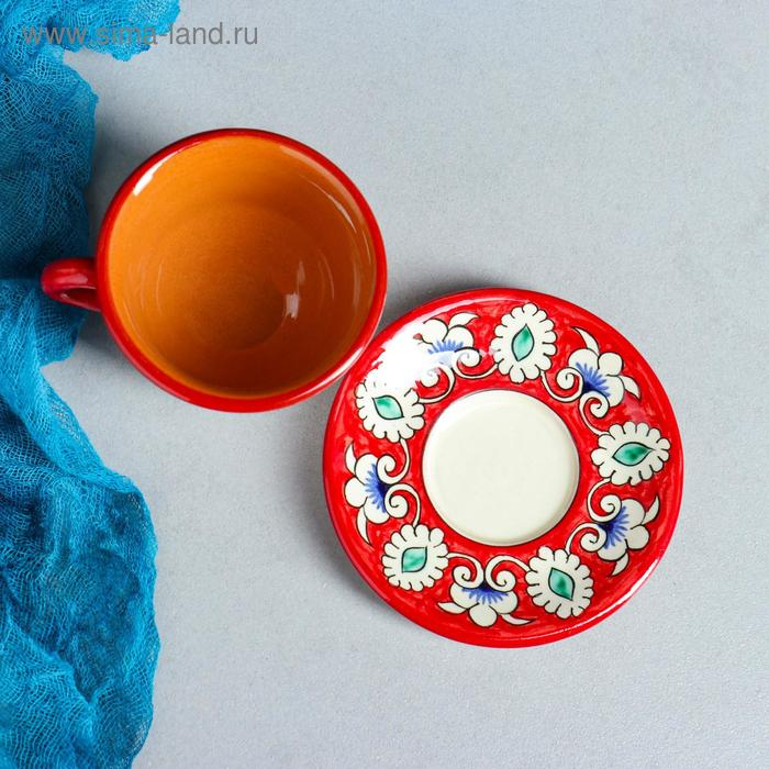 Чайная пара Риштанская Керамика Чайная пара Риштанская Керамика "Узоры", 100 мл, (тарелка 10см, чашка 7,5см), красная