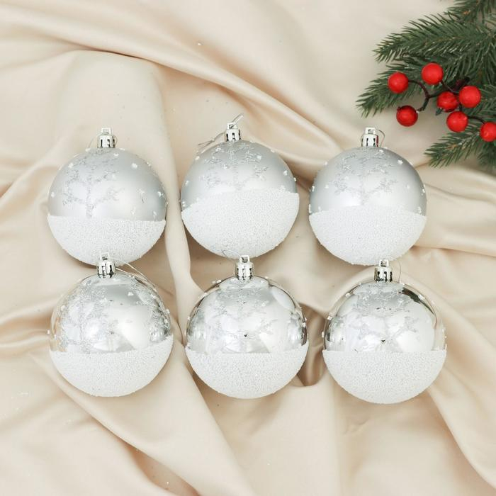 Набор шаров пластик d-8 см, 6 шт Набор шаров пластик d-8 см, 6 шт "Заснеженный лес" серебро