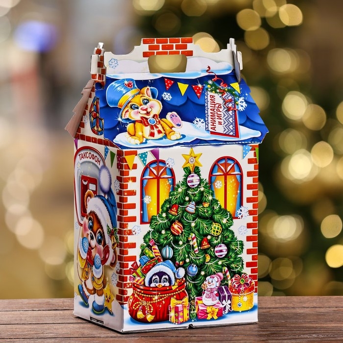 Новый год. Подарочная коробка Новый год. Подарочная коробка "Поздравление Деда Мороза" , Дом , 17,6 х 14,3 х 29 см.