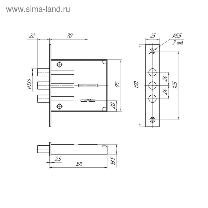 Замок врезной Замок врезной "МЕТТЭМ" ЗВ8 802.0.0 (ЗВ8-02), без ручки, 3 ригеля, б/о, 5 ключей