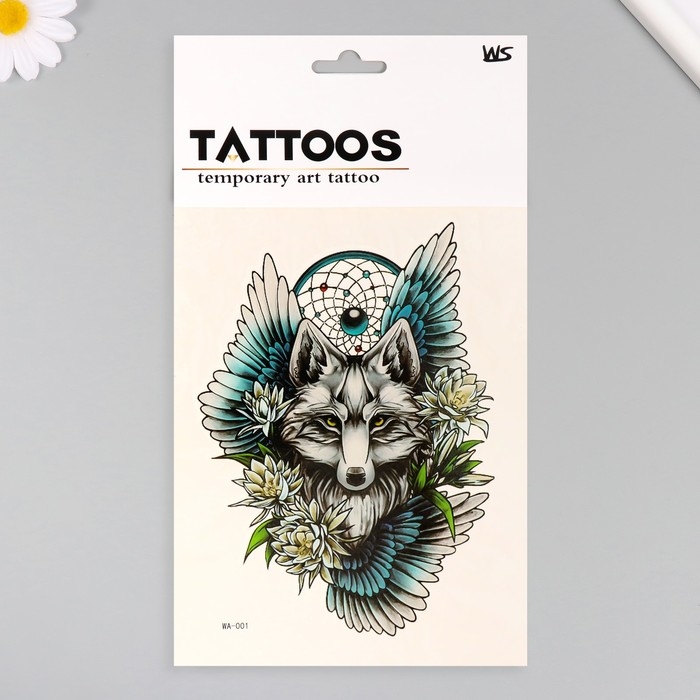 Татуировка на тело цветная Татуировка на тело цветная "Волк на фоне крыльев" 26,1х14,6 см