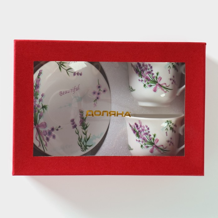 Сервиз фарфоровый чайный Доляна «Лаванда», 4 предмета: 2 чашки 220 мл, 2 блюдца d=14,2 см, цвет белый Сервиз фарфоровый чайный Доляна «Лаванда», 4 предмета: 2 чашки 220 мл, 2 блюдца d=14,2 см, цвет белый