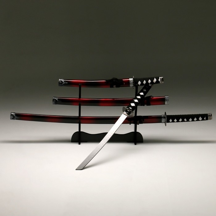 Сув. изделие катаны 3в1 на подставке, ножны дерево, черные с дымкой бордо глянец 51/77/100см Сув. изделие катаны 3в1 на подставке, ножны дерево, черные с дымкой бордо глянец 51/77/100см