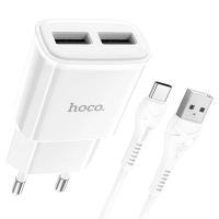 Сетевое зарядное устройство Hoco C88A, 2 USB, 2.4 А, кабель Type-C - USB, 1 м, белый