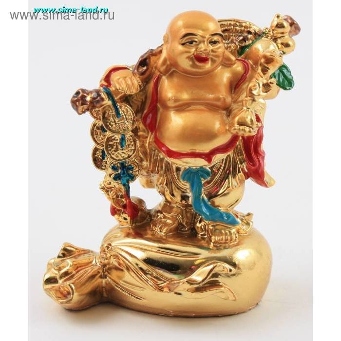 Нэцке полистоун золото Нэцке полистоун золото "Хотей на мешке с посохом" 4,5х6,6х9,5 см