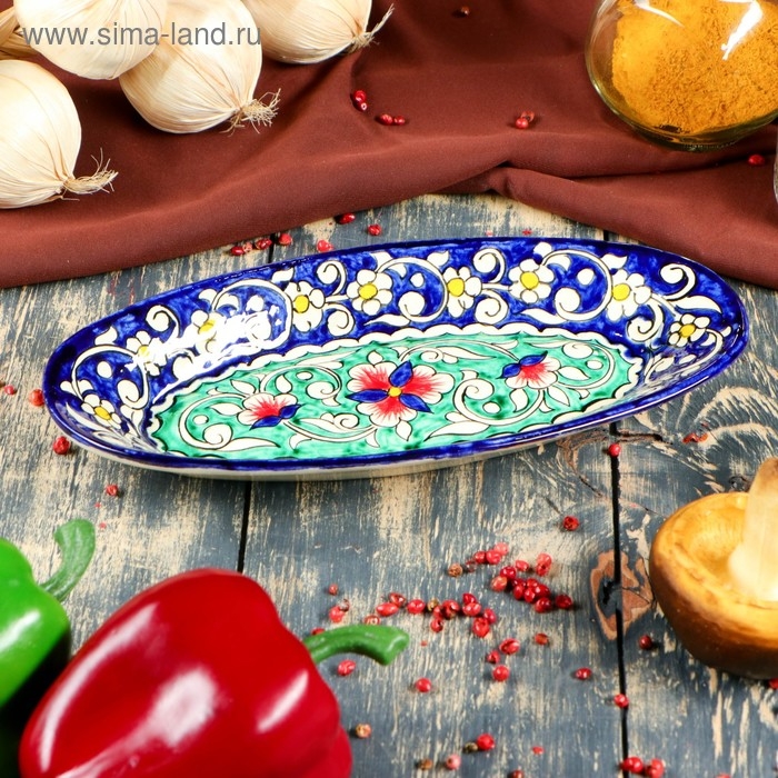 Селёдочница Риштанская Керамика  Селёдочница Риштанская Керамика "Цветы", 24 см, синяя, микс