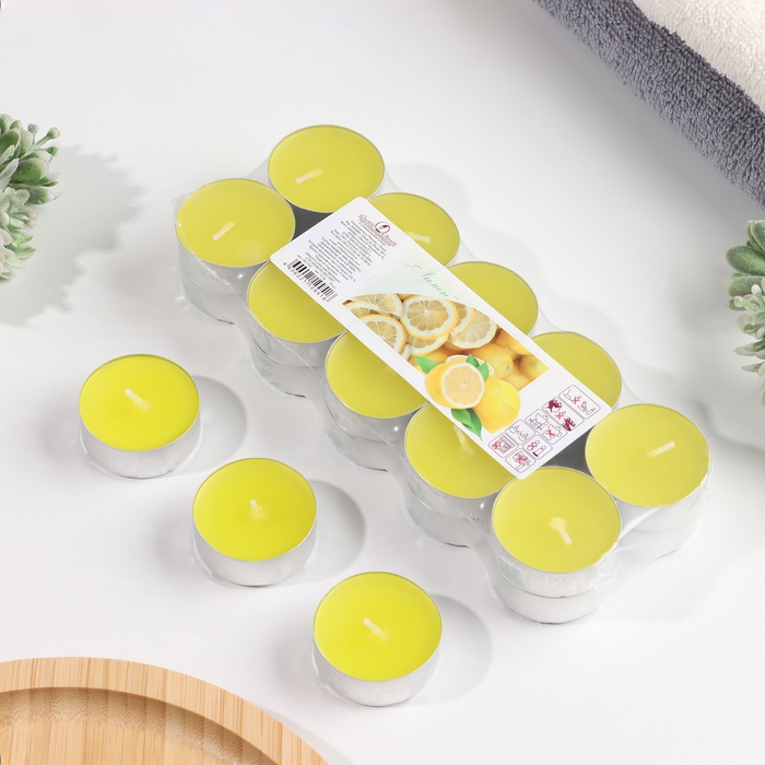 Набор чайных свечей ароматических в термоусадке  Набор чайных свечей ароматических в термоусадке "Лимон", 3,8х1,6 см, 3,5 ч, 12 г, 20 штук