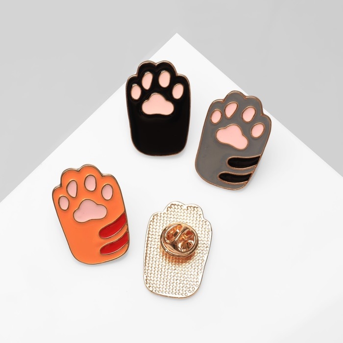 Набор значков (4 шт.) «Лапки» кошачьи, цветной в золоте Набор значков (4 шт.) «Лапки» кошачьи, цветной в золоте