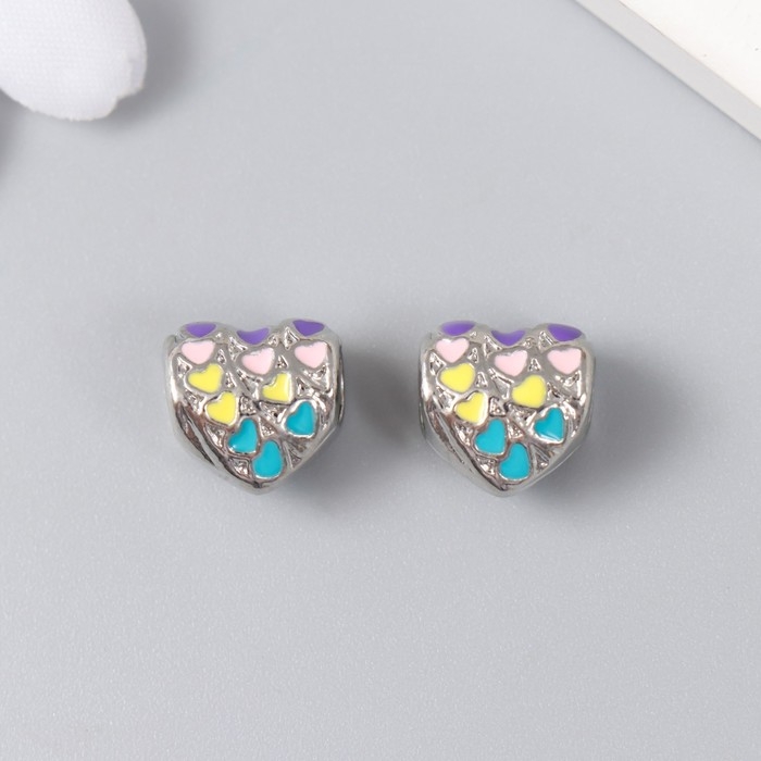 Бусина для творчества металл Бусина для творчества металл "Сердце с сердечками" серебро, эмаль 1.1 см