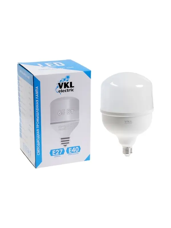 Лампа светодиодная VKL electric, бочка, 65 Вт, E27, переходник Е40, 6175 Лм, 6500K, IP20, 138&times;224мм,