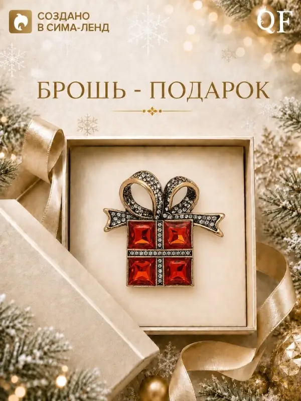 Брошь новогодняя &laquo;Подарок&raquo;, с бантиком, красная, белый в чернёном золоте