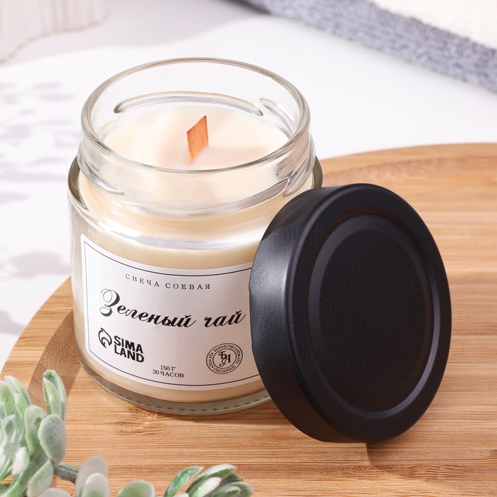 Свеча ароматическая из соевого воска в банке, 150 г, деревянный фитиль, зеленый чай Свеча ароматическая из соевого воска в банке, 150 г, деревянный фитиль, зеленый чай