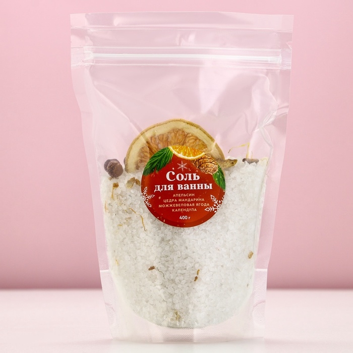 Соль для ванны с апельсином, цедрой мандарина, можжевеловой ягодой и календулой, 400 г, Новый Год Соль для ванны с апельсином, цедрой мандарина, можжевеловой ягодой и календулой, 400 г, Новый Год