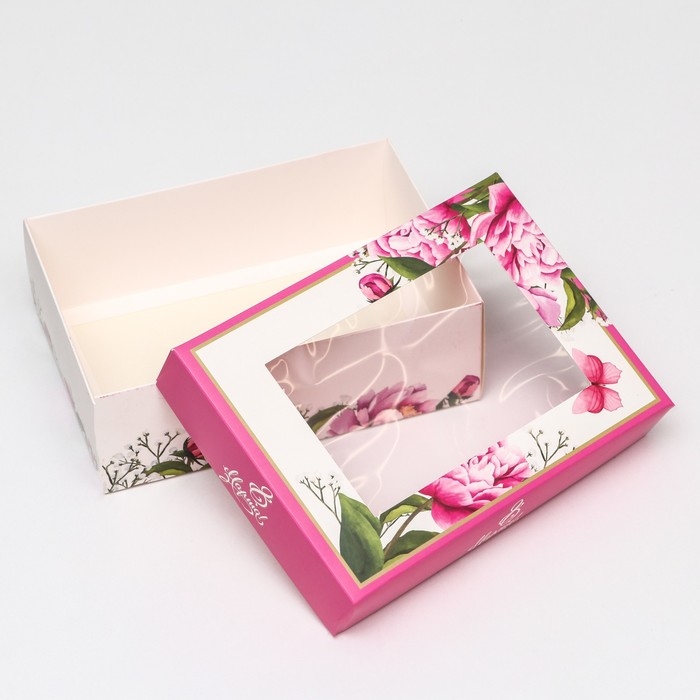 Коробка складная, с окном Коробка складная, с окном "Весенние пионы" 21 х 15 х 7 см
