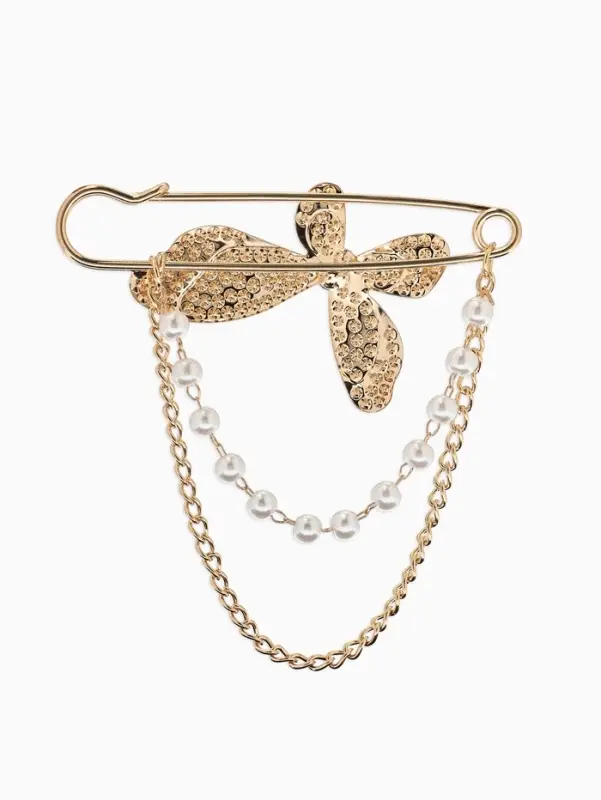 Булавка &laquo;Бабочка&raquo; в стразах, цепочка, жемчуг, L=7.5 см, цвет белый в золоте