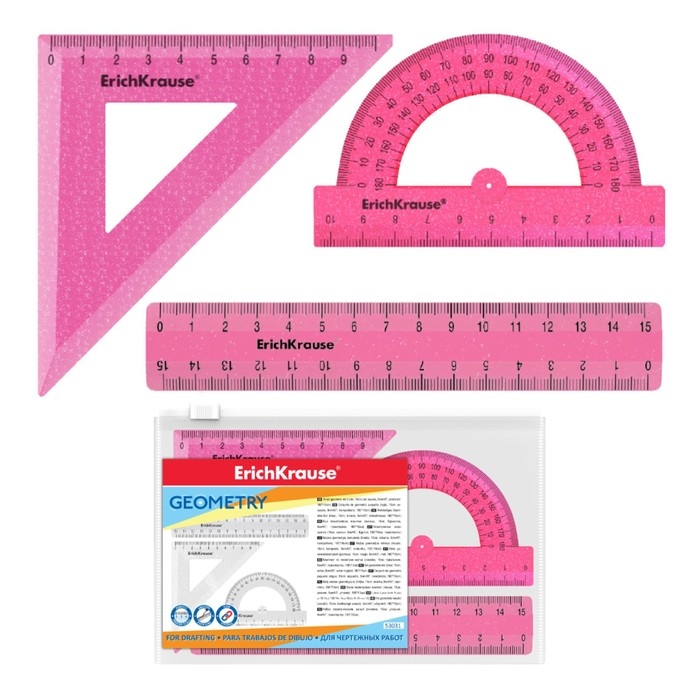 Набор чертёжный ErichKrause Glitter, малый (линейка, угольник, транспортир), в пакете, розовый Набор чертёжный ErichKrause Glitter, малый (линейка, угольник, транспортир), в пакете, розовый