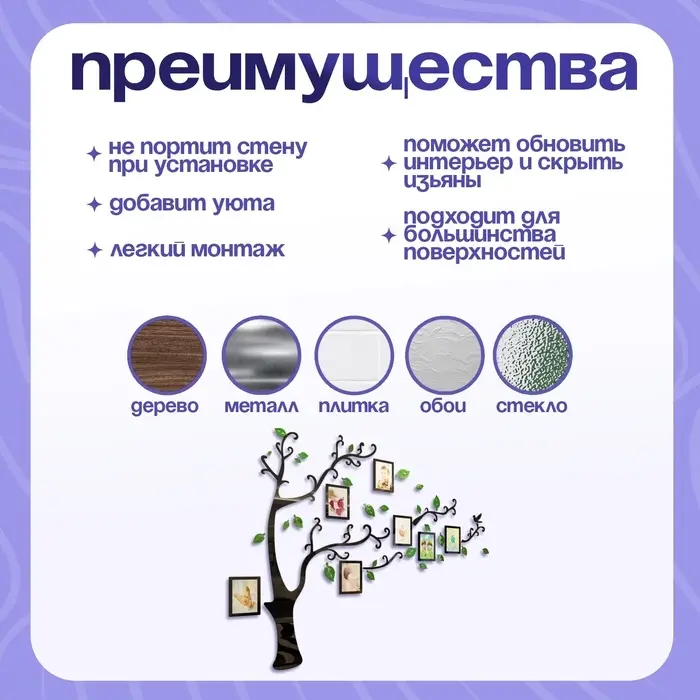 Наклейка интерьерная с фоторамками TAKE IT EASY &laquo;Семейное дерево&raquo;, декор на стену, панно 150&times;210 см