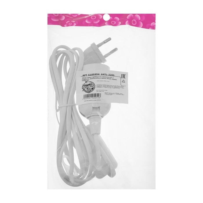 Патрон подвесной с выключателем, Е27, провод 2 м, белый Патрон подвесной с выключателем, Е27, провод 2 м, белый