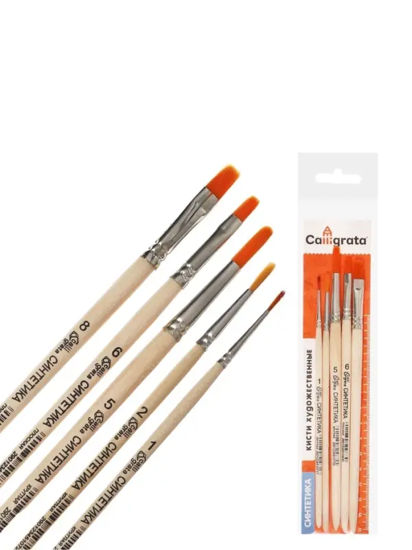 Набор кистей для рисования, синтетика, 5 штук: №: 1, 2, 5 (круглые), № 6, 8 (плоские), Calligrata, круглые, плоские, деревянная ручка, в пакете