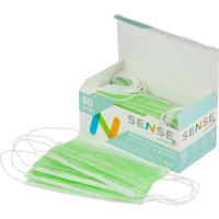 Маска медицинская 3-х сл., резинка, мятный/зеленый, Sense, картон 50шт/уп
