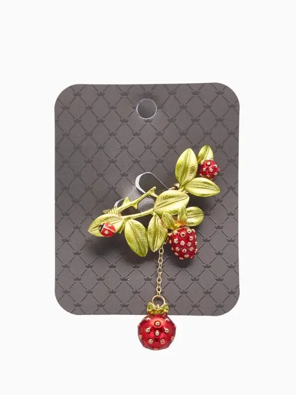 Брошь "Малина" с божьей коровкой, зелёно-красная в золоте