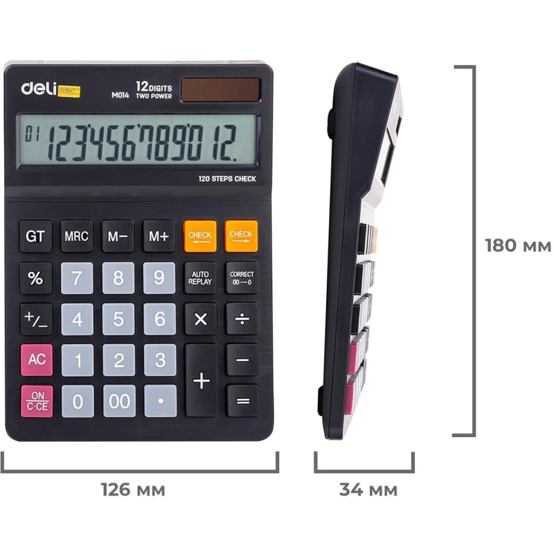 Калькулятор настольный ПОЛНОРАЗМ. Deli EM01420, 12-р,дв.пит, 180х126мм,чер