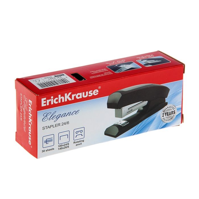 Степлер ErichKrause Elegance Half-strip №24/6 и 26/6, до 30 листов, вмещает до 100 скоб, глубина закладки бумаги до 55 мм, черный Степлер ErichKrause Elegance Half-strip №24/6 и 26/6, до 30 листов, вмещает до 100 скоб, глубина закладки бумаги до 55 мм, черный