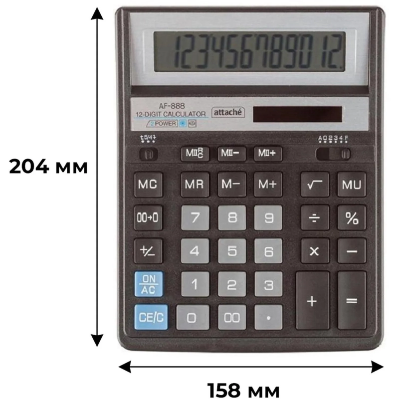Калькулятор настольный ПОЛНОРАЗМЕРНЫЙ AttacheAF-888,12р,дв.пит204x158мм,ч/с