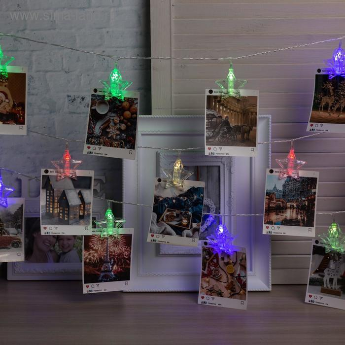 Гирлянда «Нить» 4.5 м с насадками «Прищепки-звёзды», IP20, прозрачная нить, 20 LED, свечение мульти (RG/RB), мигание, 220 В Гирлянда «Нить» 4.5 м с насадками «Прищепки-звёзды», IP20, прозрачная нить, 20 LED, свечение мульти (RG/RB), мигание, 220 В