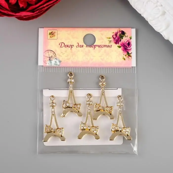 Декор для творчества металл, стразы "Эйфелева башня с бантиком" золото 3х1,5 см