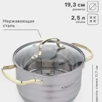 Кастрюля Катунь &laquo;Элис Голд&raquo;, 2.5 л, d=18 см, стеклянная крышка, золотые ручки, капсульное дно, индукция, нержавеющая сталь, серебристая