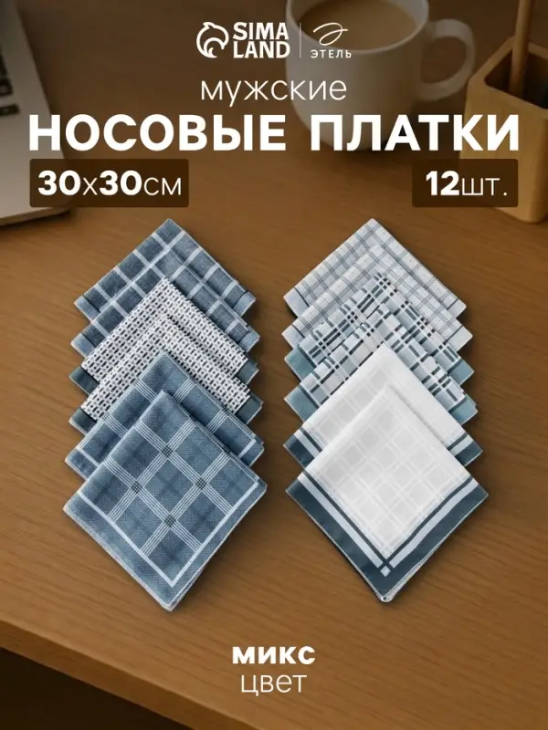 Платки носовые мужские &laquo;Этель. Серджио&raquo;, 30&times;30 см, 12 шт., хлопок 100%, рисунок МИКС, серые