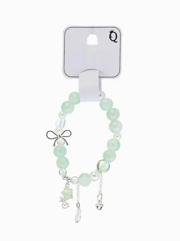 Браслет с подвесками "Сахарный" звёздочка, шар №10/8, цвет бело-светло-зелёный в серебре