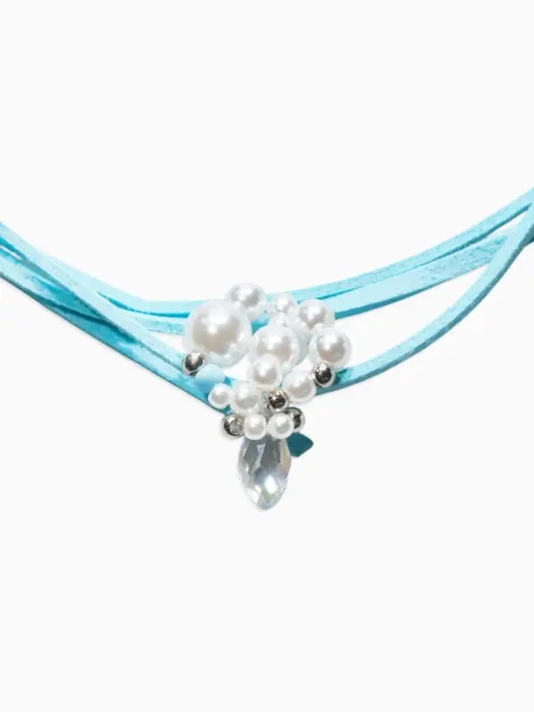 Чокер на нити с кулоном "Жемчуг с кристаллом" L=150см, цвет бело-голубой в серебре