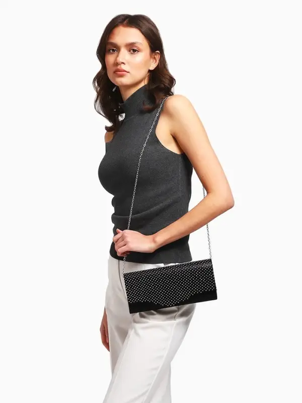 Сумка-клатч женская вечерняя на магните, на цепочке, комбинированная, со стразами, чёрная