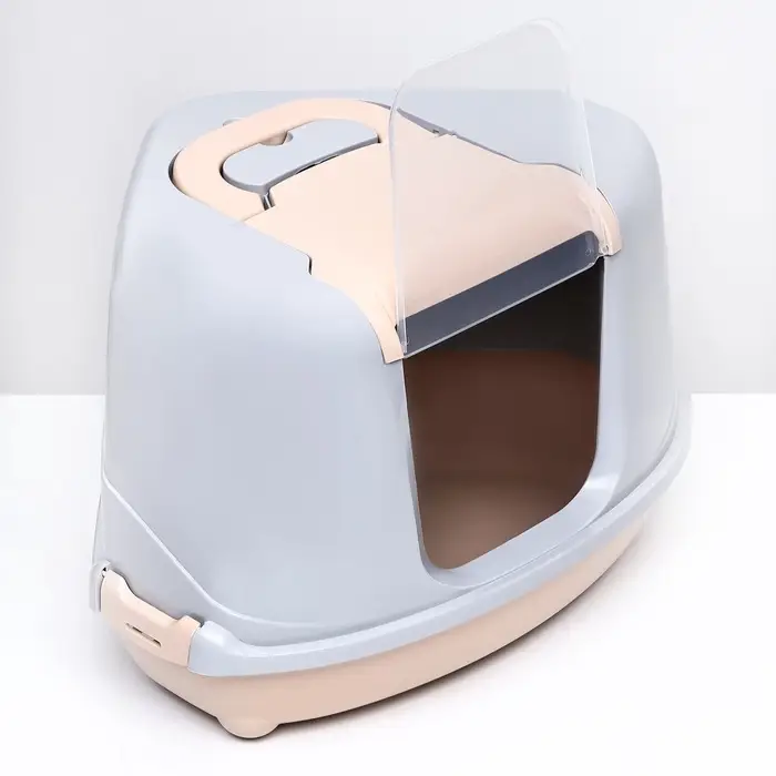 Туалет-домик угловой для кошек, 57&times;46&times;37 см, закрытый, с дверцей, бежевый, серый