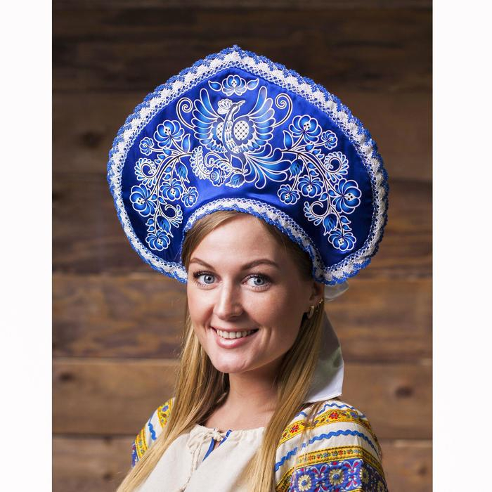 Кокошник «Птица», атлас, цвет синий Кокошник «Птица», атлас, цвет синий