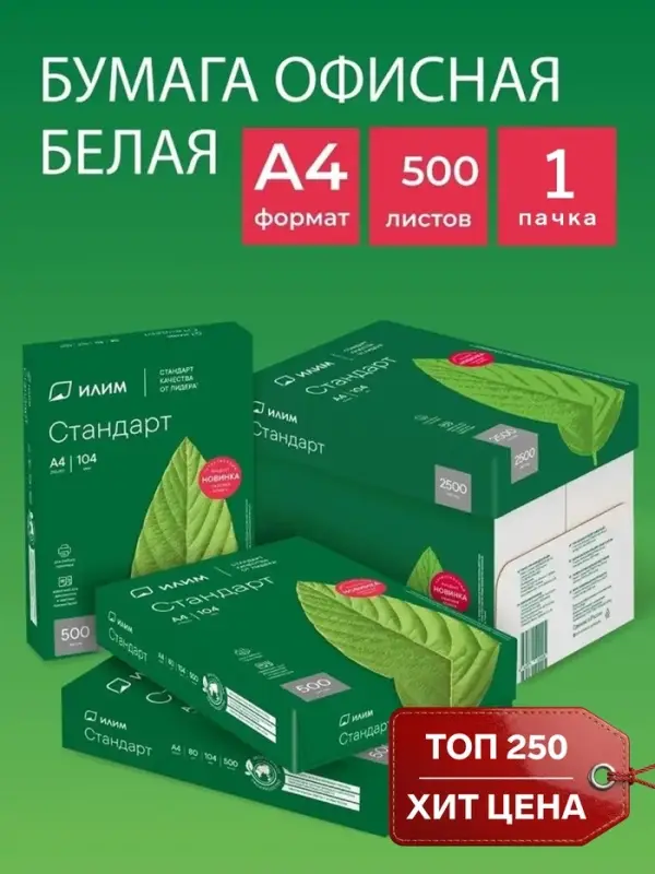 Бумага ИЛИМ &laquo;Стандарт&raquo;, А4, 500 листов, 80 г/м&sup2;, белизна 146% CIE, класс C