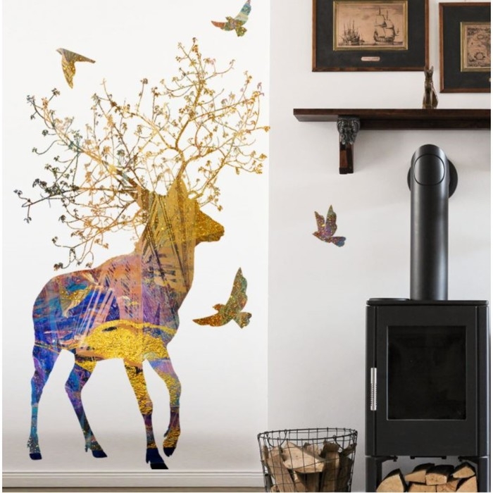 Наклейка пластик интерьерная цветная Наклейка пластик интерьерная цветная "Олень и птицы" мрамор с золотом набор 2 листа 30х42 см 75994