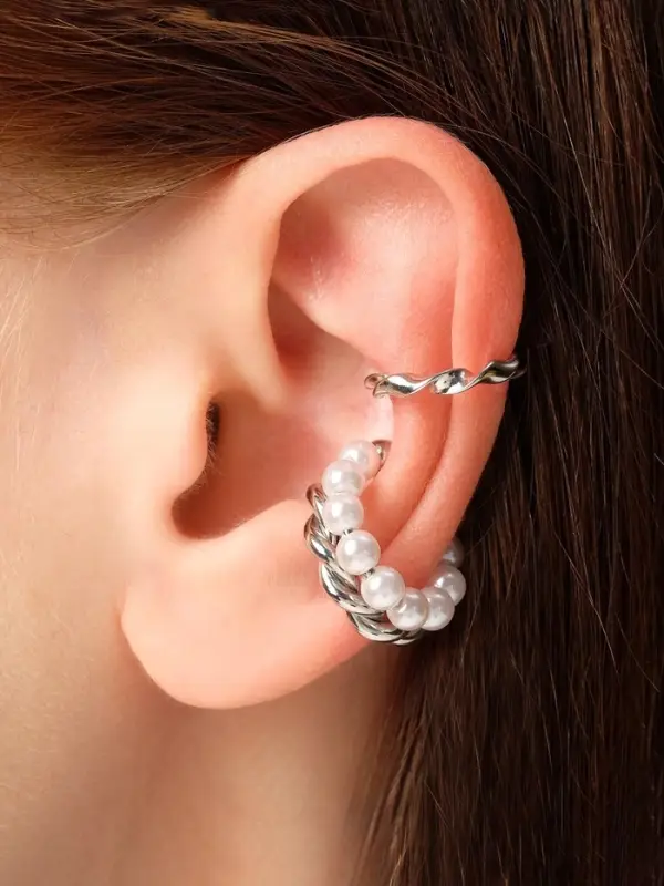 Серьги каффы &laquo;Жемчужная диадема&raquo;, 2 шт. белые в серебре