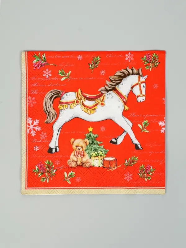 Салфетки бумажные трёхслойные «Новогодняя лошадка. Красный фон», 33х33, 20шт Салфетки бумажные трёхслойные «Новогодняя лошадка. Красный фон», 33х33, 20шт