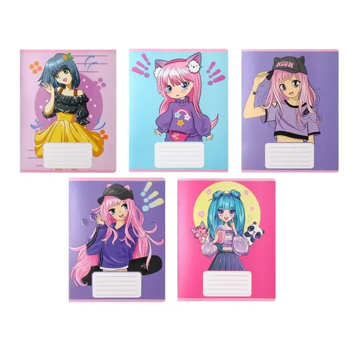 Тетрадь 12 листов в частую косую линию Calligrata "Аниме", обложка мелованный картон, ВД-лак, блок офсет, белизна 95%, МИКС