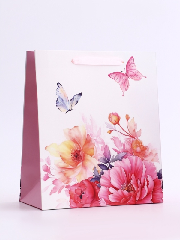 Пакет подарочный вертикальный «Бабочки в цветах»,   ML 23 × 27 × 11.5 см