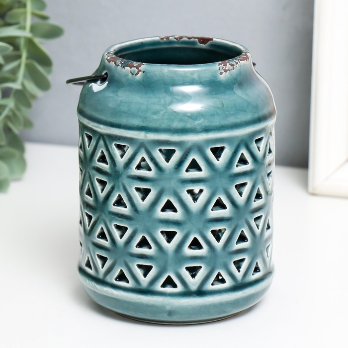 Подсвечник керамика на 1 свечу Подсвечник керамика на 1 свечу "Фонарь. Ромбы" зелёный 9х9х12 см