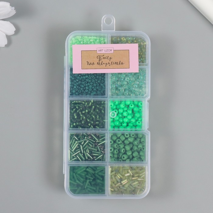 Бисер стекло 2/0, 6/0, 8/0, 12/0 в шкатулке  Бисер стекло 2/0, 6/0, 8/0, 12/0 в шкатулке "Зелёный" стеклярус 12,5х6,5х2 см