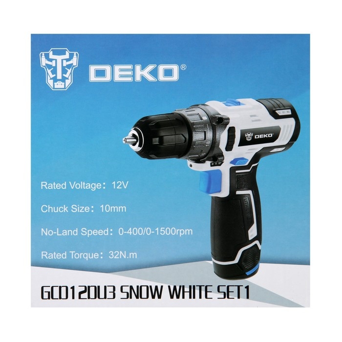 Дрель-шуруповерт DEKO GCD12DU3 SNOW WHITE SET1, 12 В, Li-Ion, 32 Нм, 1.5 Ач, 400/1500 об/мин