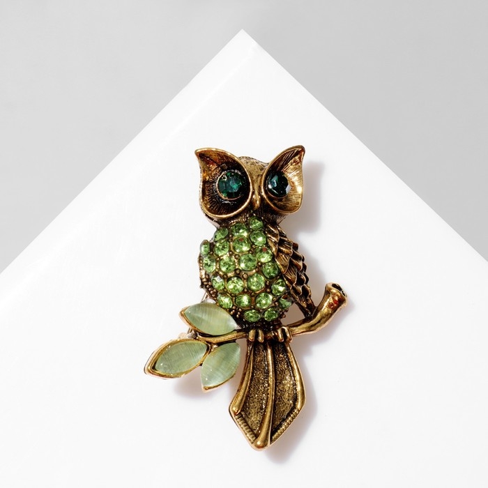 Брошь «Сова на ветке», цвет зелёный в чернёном золоте Брошь «Сова на ветке», цвет зелёный в чернёном золоте