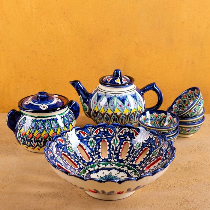 Набор чайный Риштан, 9 предм: чайник 1л., 6 пиал 9,5см, конфетница 23см, сахарница 250м Набор чайный Риштан, 9 предм: чайник 1л., 6 пиал 9,5см, конфетница 23см, сахарница 250м