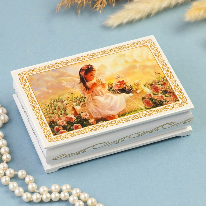 Шкатулка «Ангелочек с котятами», белая, 10×14 см, лаковая миниатюра Шкатулка «Ангелочек с котятами», белая, 10×14 см, лаковая миниатюра